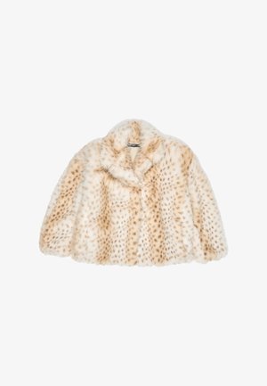 Neplederen jas in crème met lichtbruine vlekken, voorzien van een sjawlovers en een losse, cropped snit. Zachte textuur en pluizige uitstraling.