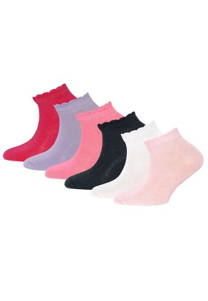 Six pairs of ankle socks in red, lavender, pink, black, white, and light pink, each with a scalloped edge cuff.