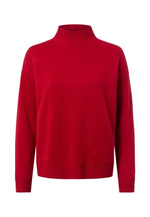 Rode coltrui met ribbeltextuur, losse pasvorm, lange mouwen en ribgebreide manchetten en zoom. Zacht materiaal, effen kleur zonder patronen.