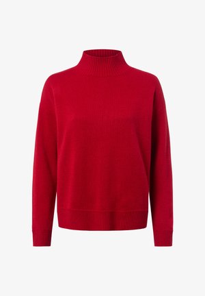 Rode coltrui met ribbeltextuur, losse pasvorm, lange mouwen en ribgebreide manchetten en zoom. Zacht materiaal, effen kleur zonder patronen.