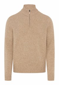 Beiger Pullover mit hohem Kragen aus strukturiertem Strickstoff. Verfügt über einen kurzen Reißverschluss sowie gerippte Bündchen und Saum für zusätzliche Details.
