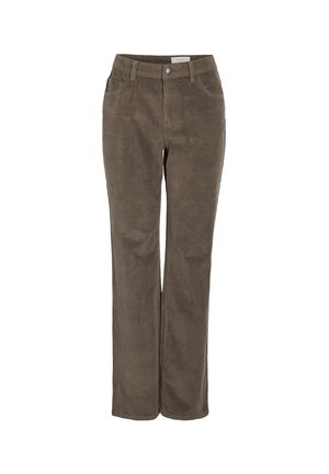 Bruine corduroy broek met een rechte pijp ontwerp, met voorzakken en een enkele metalen knoop in de taille. Gevoelig textiel zichtbaar.