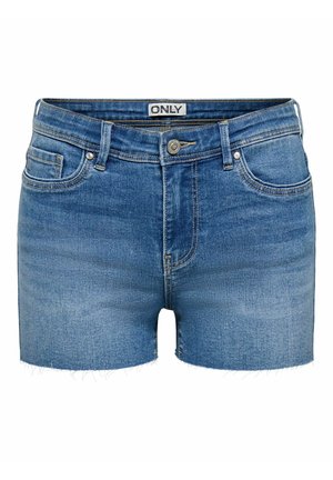 Blå denimshorts med frynsete kanter, forreste knap, lynlås, bæltestropper og mærket "ONLY" på linningen.