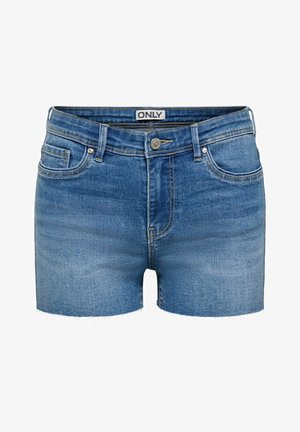 Siniset farkkushortsit, joissa on rispaantuneet reunat, edessä nappi, vetoketju, vyölenkit ja merkitty "ONLY" -etiketti vyötäröllä.