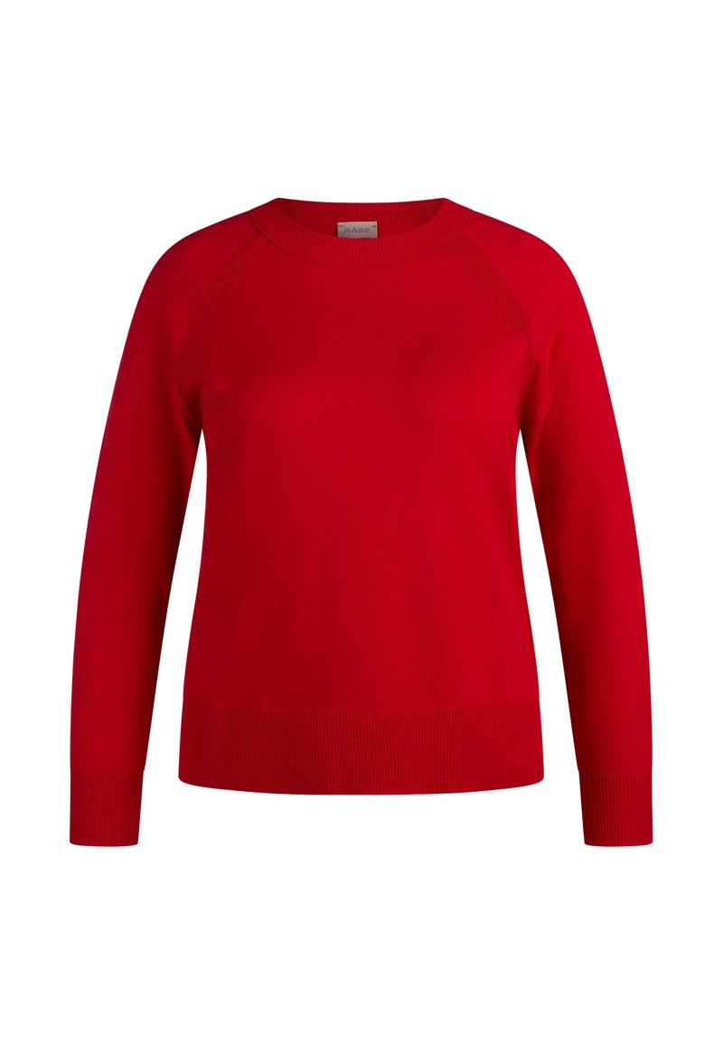 Roter, langärmliger Strickpullover mit Rundhalsausschnitt, gerippten Bündchen und geripptem Saum, dargestellt vor einem schlichten weißen Hintergrund.