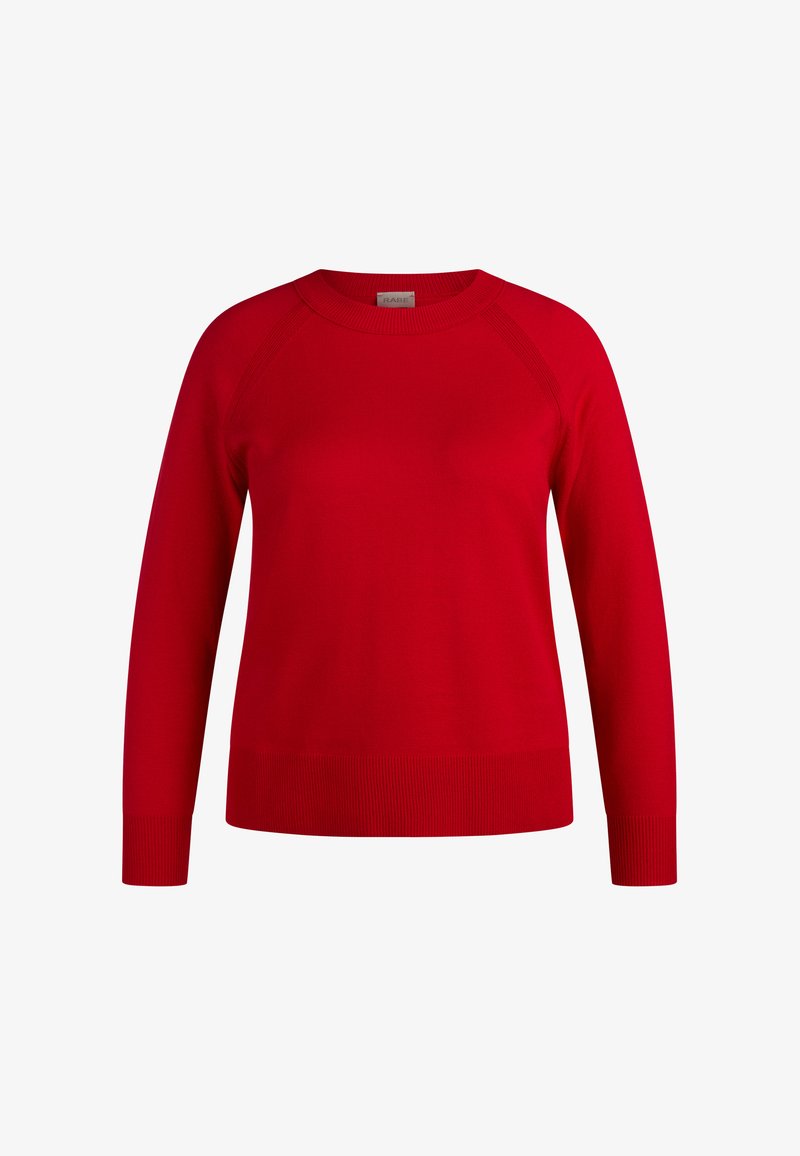 Roter, langärmliger Strickpullover mit Rundhalsausschnitt, gerippten Bündchen und geripptem Saum, dargestellt vor einem schlichten weißen Hintergrund.