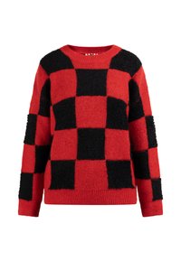 Rood en zwart geblokt sweater van een textuur met een pluizige stof. Heeft een ronde halslijn en ribgebreide boorden en onderkant.