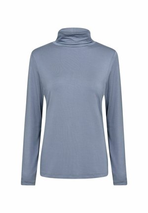 Langsleeve coltrui in lichtblauwe stof. Gladde textuur, aansluitend ontwerp en opgerolde halslijn. Geen patronen of zichtbare hardware.