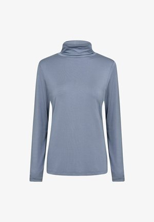 Langärmliges Rollkragenoberteil aus hellblauem Stoff. Glatte Textur, taillierte Passform und umgeschlagener Kragen. Keine Muster oder sichtbar Hardware.