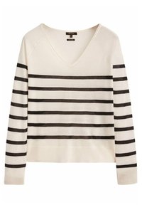 Pull-over crème à col en V avec des rayures horizontales noires. Dispose de longues manches et d'un ourlet côtelé. Texture douce et tricotée.