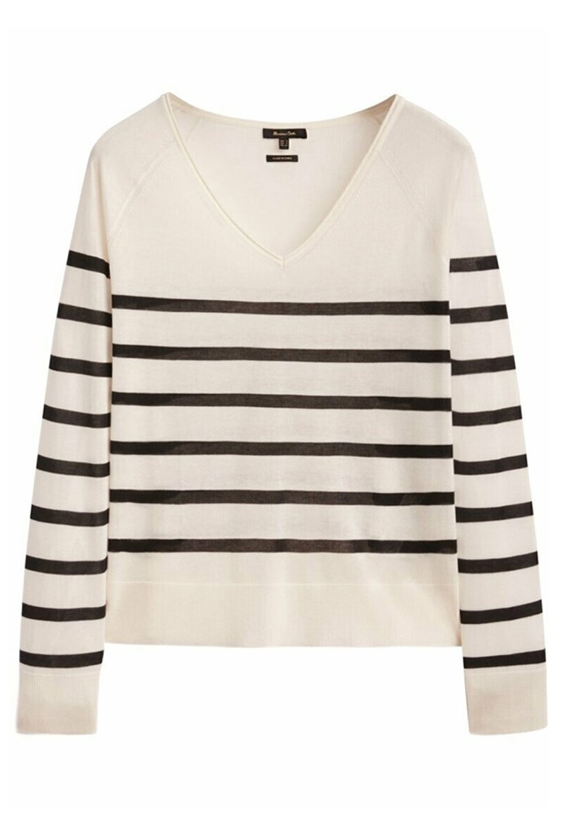 Pull-over crème à col en V avec des rayures horizontales noires. Dispose de longues manches et d'un ourlet côtelé. Texture douce et tricotée.