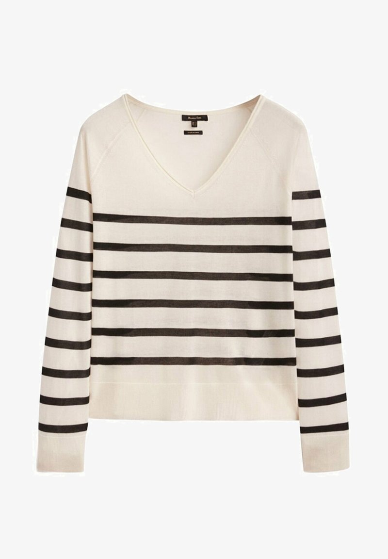 Pull-over crème à col en V avec des rayures horizontales noires. Dispose de longues manches et d'un ourlet côtelé. Texture douce et tricotée.