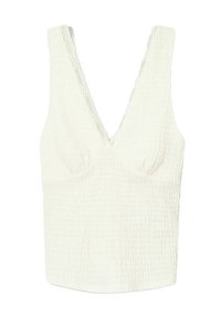 Top sin mangas blanco texturizado con un profundo escote en V y bordes en forma de ondulación, que presenta tela fruncida para un aspecto de smock.