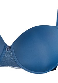 Blauwe onderwire bh van gladde stof, kantdetails aan de zijkanten en een kleine strikaccent in het midden. Naadloze cups en verstelbare bandjes.