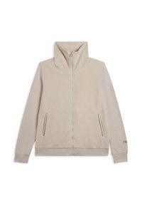 Felpa beige con zip e colletto alto, in tessuto morbido e con tasche laterali. Presenta un sottile logo accentato sul polsino e un materiale a contrasto sulle maniche.
