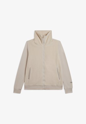 Felpa beige con zip e colletto alto, in tessuto morbido e con tasche laterali. Presenta un sottile logo accentato sul polsino e un materiale a contrasto sulle maniche.