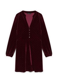 Abito di velluto borgogna con maniche lunghe, chiusura frontale a bottoni e motivo a pois argento. Presenta un scollo a V e polsini delle maniche arricciati.