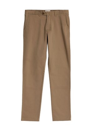 Chinos marrones con un diseño de pierna recta, fabricados en una suave mezcla de algodón. Cuentan con bolsillos frontales y un cierre de botón.