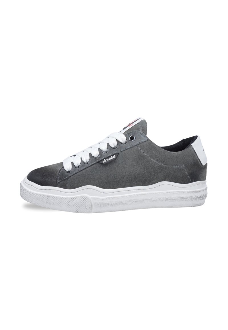 Gray textile sneakers with white laces, rubber soles, and a small red accent at the tongue. Features a contrasting white heel tab.