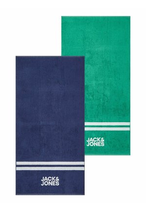 Two rectangular towels, one navy blue and one teal, each with two white horizontal stripes and "JACK & JONES" logo near the bottom edge.