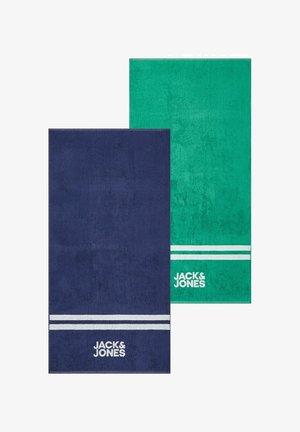 Two rectangular towels, one navy blue and one teal, each with two white horizontal stripes and "JACK & JONES" logo near the bottom edge.