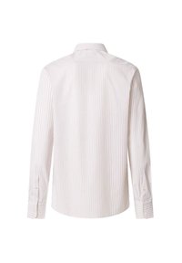 Chemise blanche à manches longues avec des rayures verticales bleu clair. Elle dispose d'un col standard et de poignets à boutons, fabriquée à partir d'un tissu lisse.