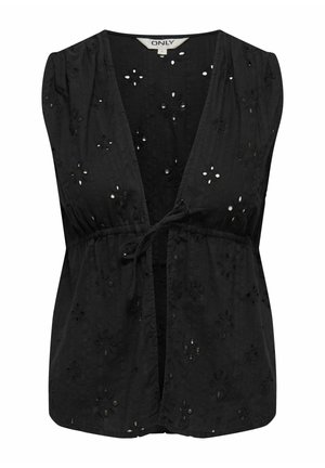 Czarny top bez rękawów z dekoltem w kształcie litery V, ozdobiony haftem kwiatowym i przezroczystymi wycięciami. Wiązany w talii z marszczonym materiałem.
