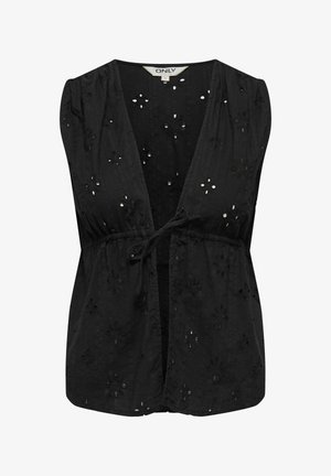 Top sans manches noir avec un col en V, orné de broderies florales et d'empiècements transparents. Se noue à la taille avec une texture froncée.