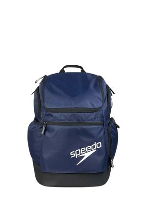 Zaino Speedo blu con più scomparti con cerniera e base e manico neri su sfondo bianco.