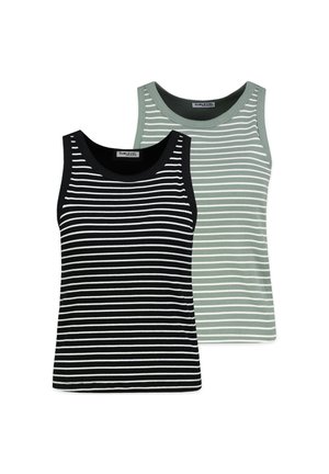 Zwei ärmellose, gerippte Tanktops mit horizontalen weißen Streifen, eines schwarz mit weißen Streifen vorne und eines hellgrün mit weißen Streifen hinten.