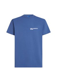 Zila kokvilnas t-krekls ar apaļu kaklu, īsām piedurknēm un baltu "KARL LAGERFELD JEANS" logo, kas drukāts kreisajā krūtī.