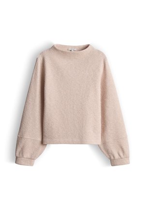 Maglione rosa chiaro con maglia lavorata a rilievo, scollo rotondo e maniche larghe. Il design presenta un taglio corto e un tessuto morbido.