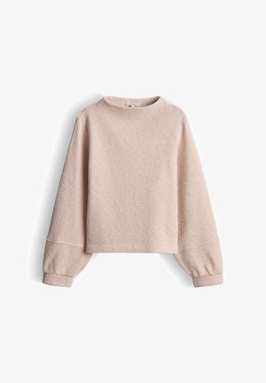 Maglione rosa chiaro con maglia lavorata a rilievo, scollo rotondo e maniche larghe. Il design presenta un taglio corto e un tessuto morbido.