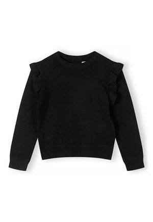 Czarny sweter z długim rękawem, z falbanami na szwach ramion, okrągłym dekoltem oraz ściągaczami na mankietach i dole.