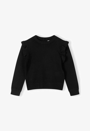 Pull noir à manches longues avec des détails froncés sur les coutures des épaules, un col rond, des poignets et un ourlet côtelés.