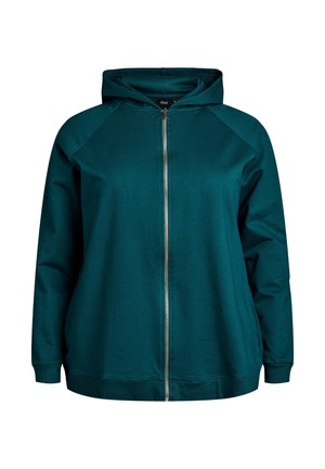 Teal zip-up hoodie with a drawstring hood, raglan sleeves, and a smooth fabric texture. Features a central zipper and ribbed cuffs.