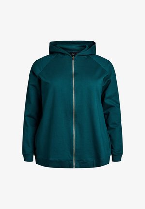 Teal-farbene Kapuzenjacke mit Reißverschluss und verstellbarem Kapuzenzug, Raglanärmeln und einer glatten Stoffoberfläche. Besitzt einen zentralen Reißverschluss und gerippte Bündchen.
