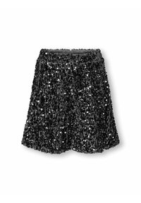 Svart paljettminiskjørt med en flagrende design, som har en teksturert overflate og elastisk midje for komfort. Passer for formelle anledninger.