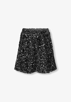 Sort pailetter nederdel med en flagrende design, der har en struktureret overflade og en elastisk talje for komfort. Velegnet til formelle anledninger.