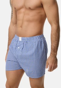 Modré a bílé kostkované boxerky s elastickým pasem a jedním knoflíkem. Vyrobeno z lehké bavlněné látky.