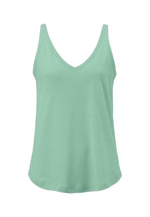 Hellgrünes, ärmelloses Tanktop mit V-Ausschnitt, aus weichem Stoff gefertigt. Es hat eine lockere Passform und einen leicht geschwungenen Saum.