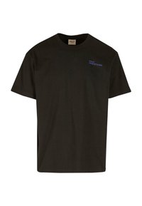 Černé bavlněné tričko s krátkým rukávem, kulatým výstřihem a modrým nápisem "HALO" na levé straně. Jednoduchý, nezdobený design.