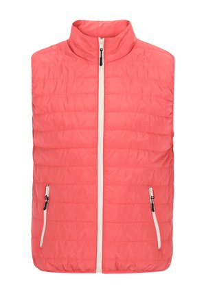 Korálová vystužená vesta s vysokým golierom, predným zipsom a dvoma zipsovými bočnými vreckami. Obsahuje prešité spracovanie a ľahký materiál.