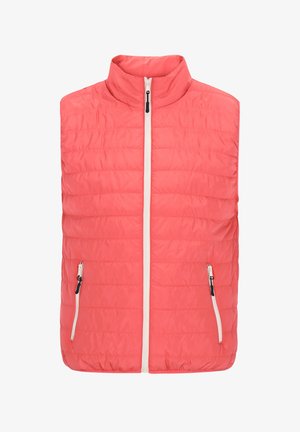 Gilet matelassé corail avec col montant, fermeture à glissière sur le devant et deux poches latérales zippées. Comprend un design matelassé et un matériau léger.