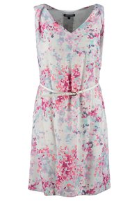 Ärmelloses V-Ausschnitt-Kleid mit einem abstrakten Mosaikmuster in Rosa, Lila und Blau, tailliert mit einem dünnen weißen Gürtel.