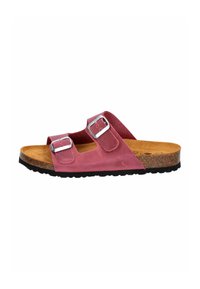 Pink suede slide sandal with two adjustable silver buckles, cork footbed, and textured black rubber sole. Open-toe design.