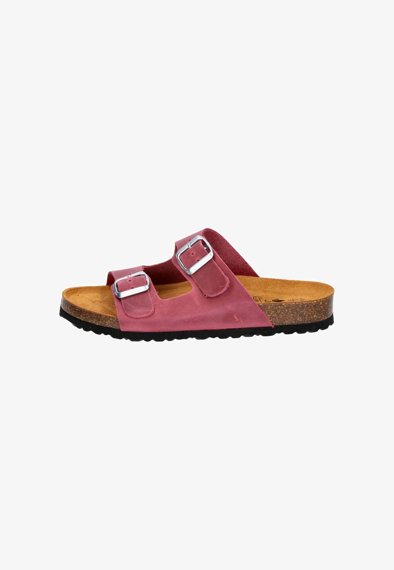 Pink suede slide sandal with two adjustable silver buckles, cork footbed, and textured black rubber sole. Open-toe design.