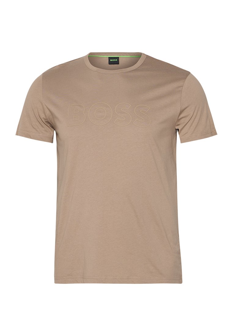 Beżowa bawełniana koszulka z okrągłym dekoltem, z lekko wytłoczonym logo "BOSS" z przodu. Krótkie rękawy, miękka faktura i regularny krój.