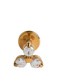 Złote kolczyki z trzema okrągłymi, przezroczystymi kryształami ułożonymi w trójkątny wzór. Gładka, polerowana powierzchnia z bezpiecznym zapięciem.