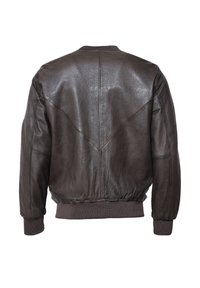 Donkerbruine leren bomberjack met ribbelboorden en -taille, van achteren weergegeven met zichtbare stiksels en een gladde textuur.